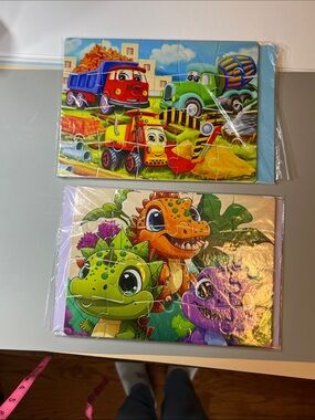 Hand Crafted Bright Truck & Dinosaur Kid Puzzles - Red, Green, Yellow, Purple